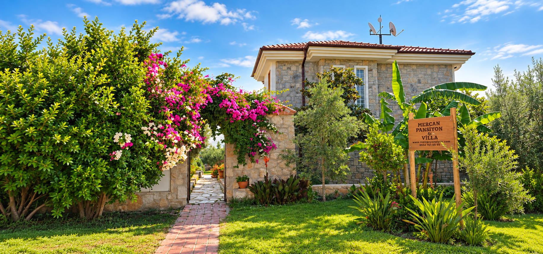 Mercan Pansiyon garden and stone building in Karaincir